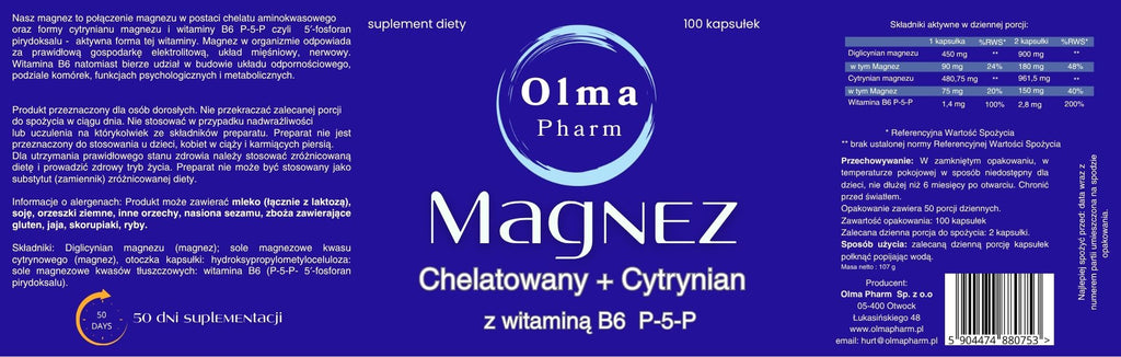Olma Pharm Magnez chelatowany+cytrynian z witaminą B6 P-5-P 100 kapsułek