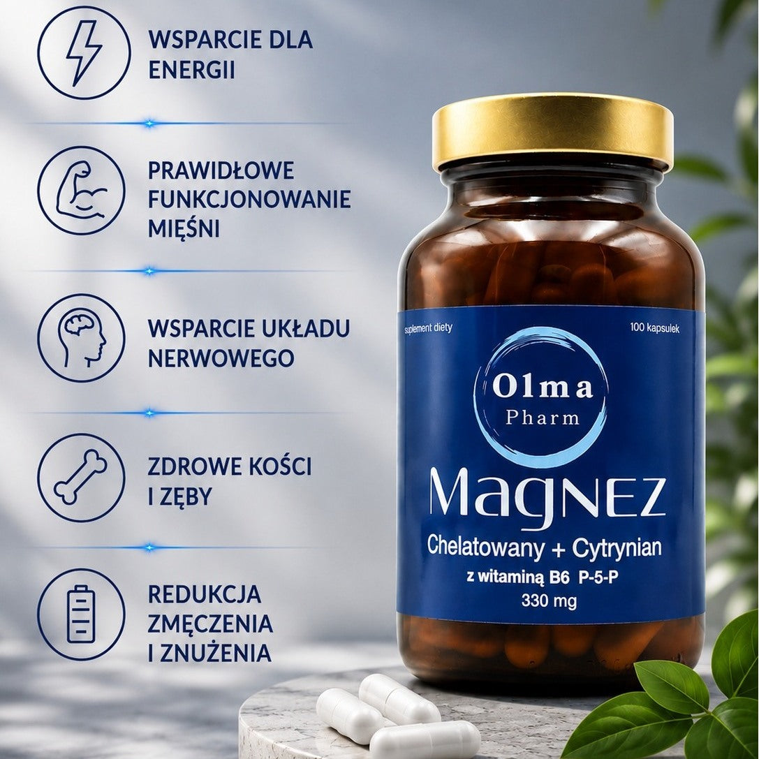 Magnez chelatowany+cytrynian z witaminą B6 P-5-P 100 kapsułek